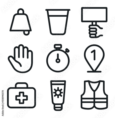 Marathon Support Icons. Outline icon set of marathon supporters: cowbell, water cup, cheer sign, high-five hand, stopwatch, route
