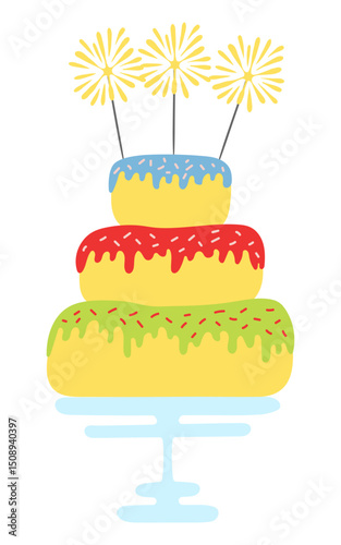 Birthday cake, sponge cake with sprinkles, frosting, sparklers hand drawn illustration, isolated vector. Flat style design. Birthday celebration, festival, carnival, party clip art, element