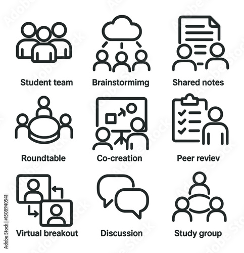 Collaborative Learning Icons. Outline icon set of collaborative learning: student team,