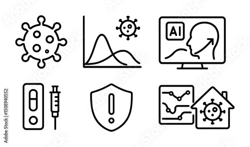 Healthcare technology and virus analysis icons for digital designs