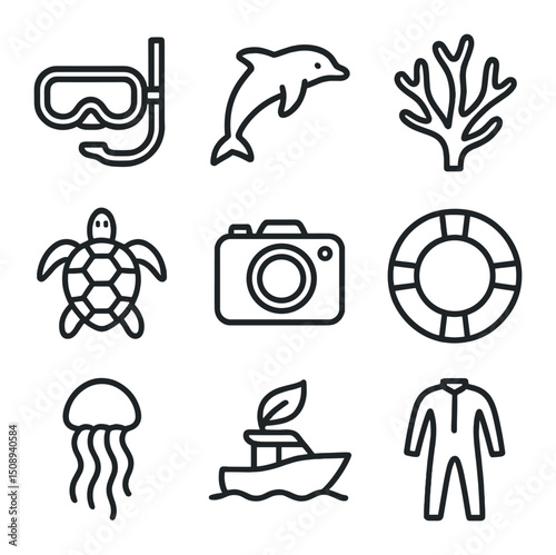 Marine Ecotourism Icons. Outline icon set of marine ecotourism: snorkeling mask, dolphin silhouette, coral branch, sea turtle,