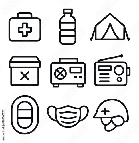 Disaster Relief Icons. Outline icon set of disaster relief support: first aid kit, water bottle, emergency tent, supply box,