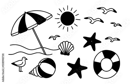Vector outline silhouette of beach elements
