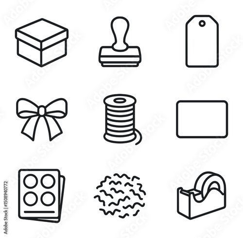 DIY Packaging Icons. Outline icon set of DIY packaging and branding: kraft box, logo stamp, custom label, ribbon, twine spool,