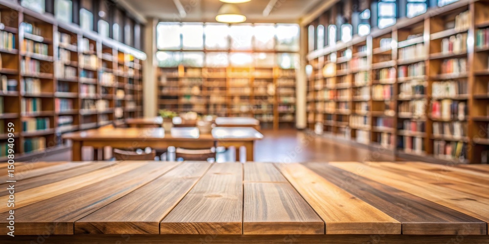 Obraz premium Wooden table with a view of a library, empty and blurred, serene landscape, serenity, serene landscape
