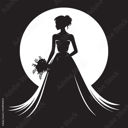 Silhouette of a bride in a gown holding a bouquet against a white circle on a black background