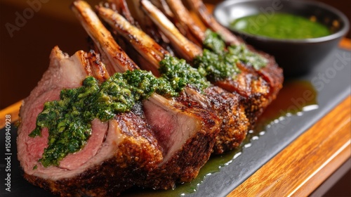 Juicy Rack of Lamb Perfectly Seared & Served with Herb Sauce photo