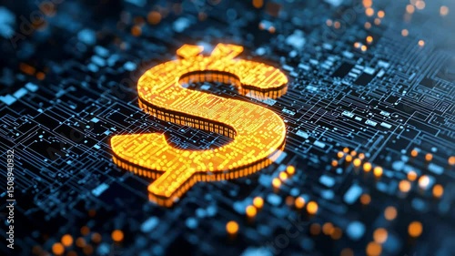 Glowing Dollar Symbol on Circuit Board Background: Finance, Technology, Digital Economy Concept.