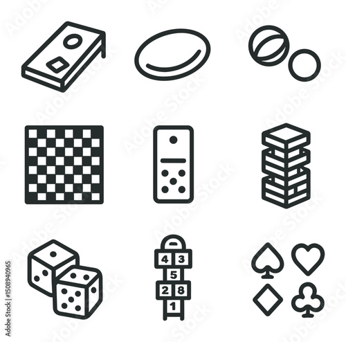 Dock Game Icon Set. Outline icon set of dock games and pastimes: corn hole board, frisbee, bocce ball, checkerboard, domino tile,