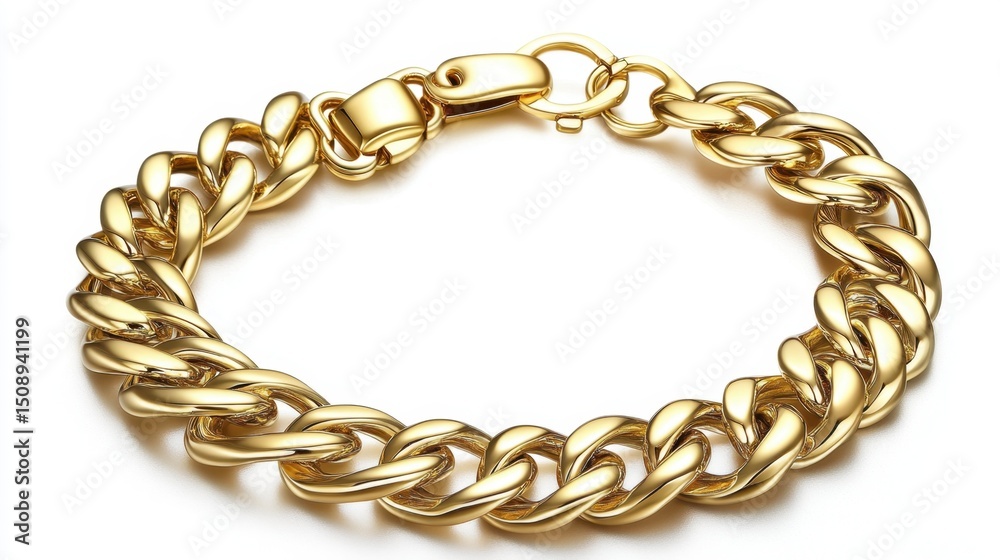 Obraz premium Gold link bracelet with toggle clasp resting diagonally on white background
