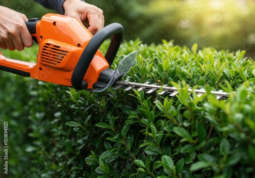 Wallpaper Mural Hands using an electric hedge trimmer to trim lush green hedge Torontodigital.ca