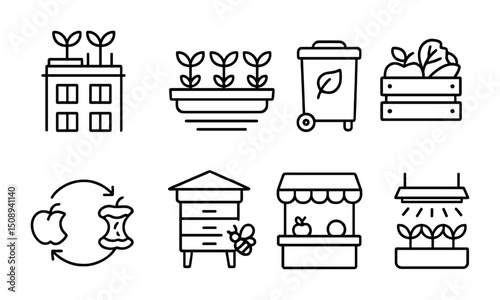 Urban gardening and sustainable living icons for eco-friendly design projects