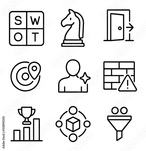 Competitive Strategy Icons. Outline icon set of competitive strategy: SWOT chart, chess piece,