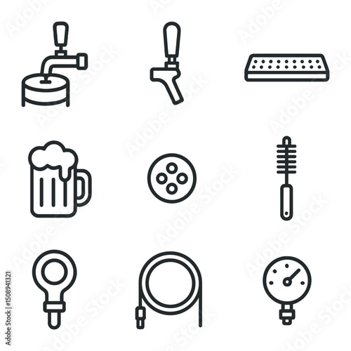 Draft Beer Icons. Outline icon set of draft beer serving techniques: keg tap, faucet handle, drip tray, foam head, nitrogen widget