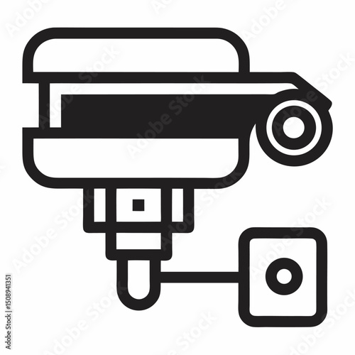 A stylized black-and-white icon of a security camera with an attached power supply.