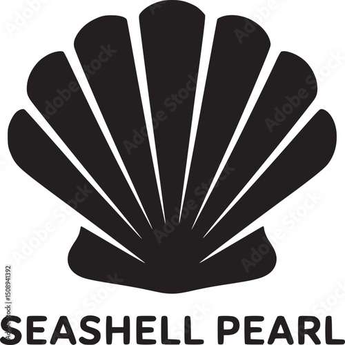 A black seashell illustration with a fan like design and the words seashell pearl underneath it
