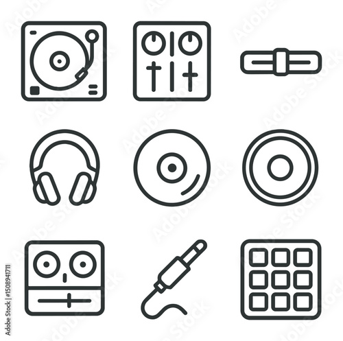 DJ Equipment Icons. Outline icon set of DJ equipment: turntable, mixer controller, crossfader, headphone cue, vinyl record, jog
