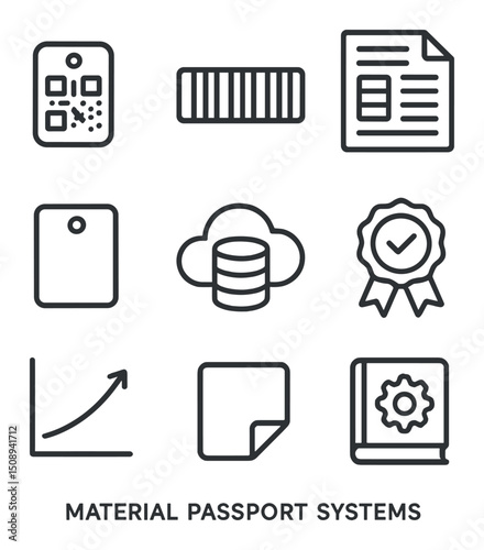 Material Passport Icons. Outline icon set of material passport systems: QR code tag, barcode stripe, data sheet document, material
