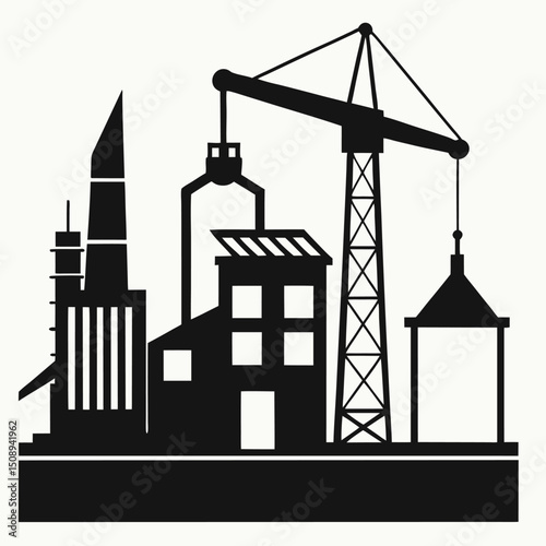 A black and white silhouette depicts a construction site with buildings, a crane, and industrial structures.


