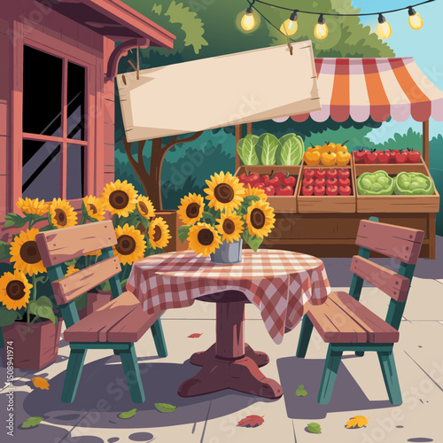 Farmers market patio with sunflowers and blank sign