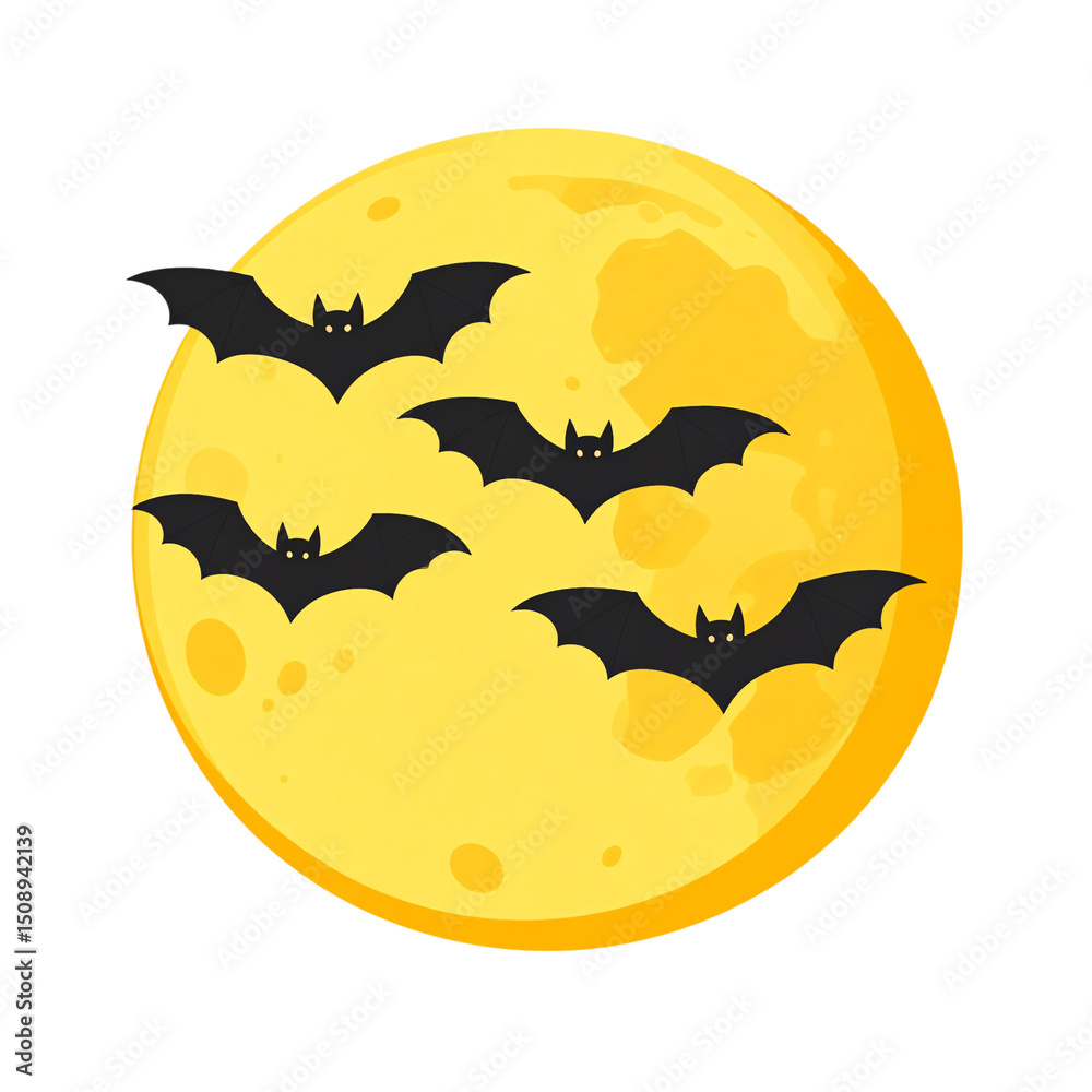 Fototapeta premium Bats flying against a bright yellow full moon, creating a whimsical and spooky atmosphere