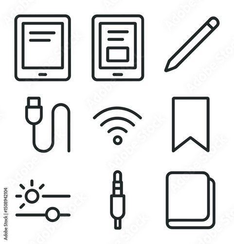 E-book Reader Icon Set. Outline icon set of e-book reader collection: tablet device, e-reader, stylus, charging cable, Wi-Fi