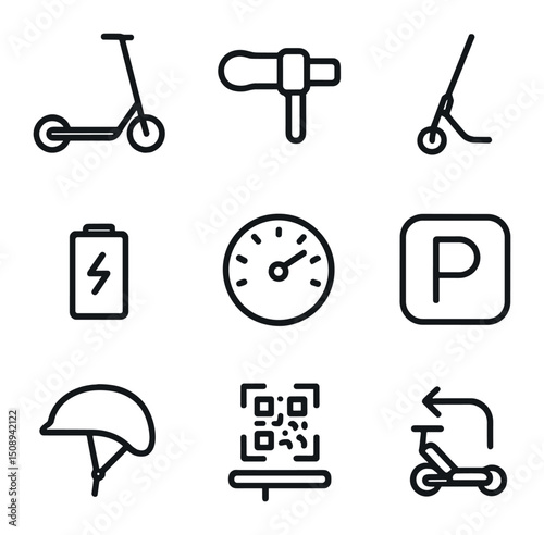 E-Scooter Icon Set. Outline icon set of e-scooter rentals: electric scooter, throttle handle, kickstand, battery icon, speedometer
