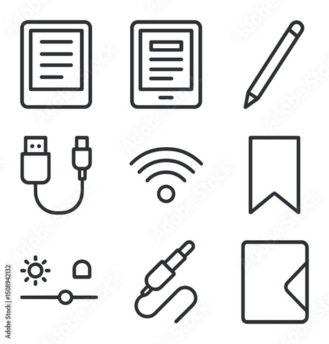 E-book Reader Icon Set. Outline icon set of e-book reader collection: tablet device, e-reader, stylus, charging cable, Wi-Fi