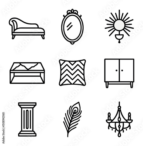 Maximalist Art Deco Icons. Outline icon set of maximalist art deco influences: velvet chaise, gold mirror, marble coffee table,