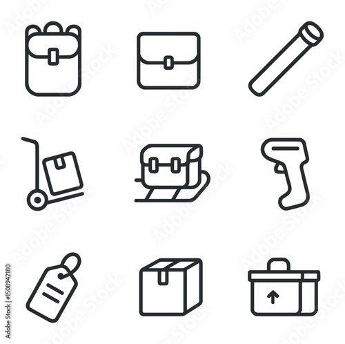 Courier Icon Collection. Outline icon set of courier and logistics equipment: delivery backpack,