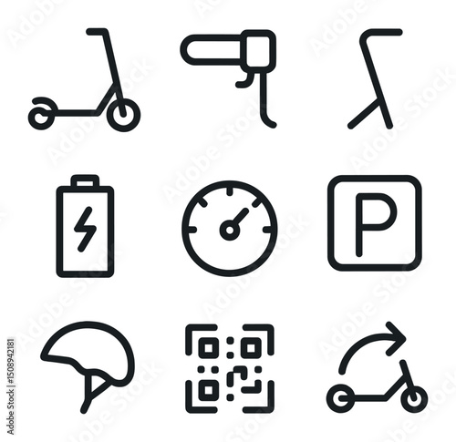 E-Scooter Icon Set. Outline icon set of e-scooter rentals: electric scooter, throttle handle, kickstand, battery icon, speedometer
