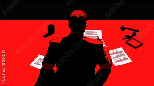 Silhouette of a man signing documents at a red desk with a stamp