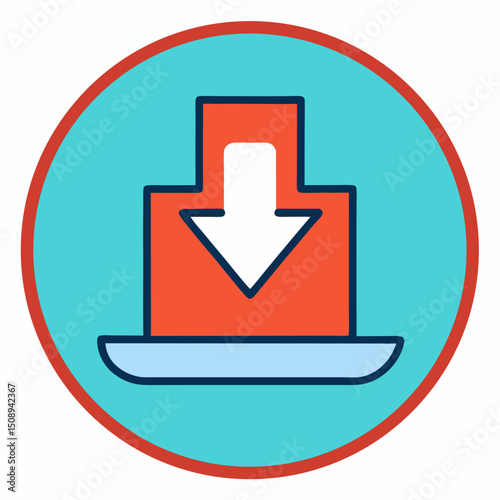 A stylized download icon with an arrow pointing down into a box, set against a teal background within a red circle.


