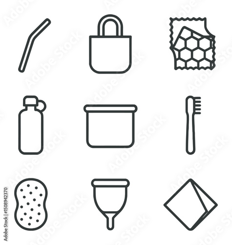 Eco-Friendly Icons Grid. Outline icon set of reusable household items: stainless steel straw, cloth shopping bag, beeswax wrap,