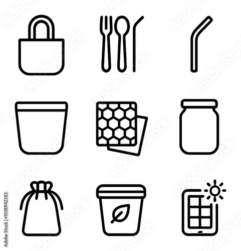 Eco-Friendly Icon Set. Outline icon set of eco-friendly essentials: reusable tote bag, bamboo cutlery set, metal straw, silicone