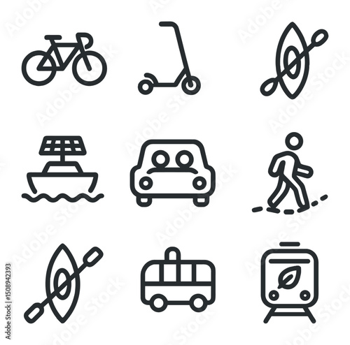 Eco Transport Icons. Outline icon set of eco-friendly transport: bicycle, electric scooter, canoe, solar boat, electric bus,