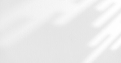 Empty shadow sunlight overlay white wall background, Blurred wall room studio background with shadow light backdrop well banner design display product show and text present on free space gray color