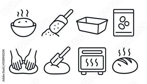 Baking essentials: icon set featuring bread, dough, and oven elements for culinary design
