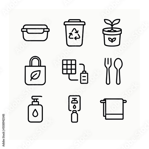 Eco-Friendly Picnic Icons. Outline icon set of eco-friendly picnic gear: reusable container, recycling bin, compost bin, eco tote