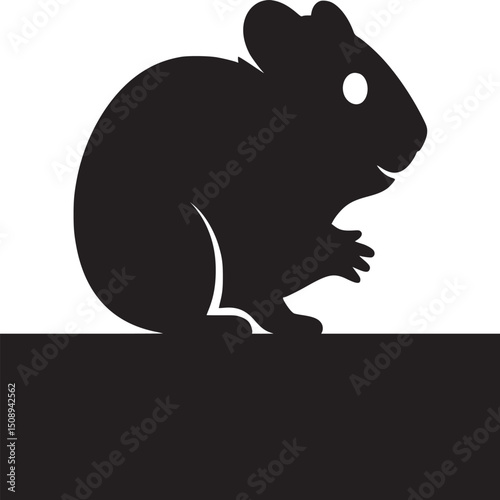 A simple black silhouette of a rodent with round body and small ears on a black and white background