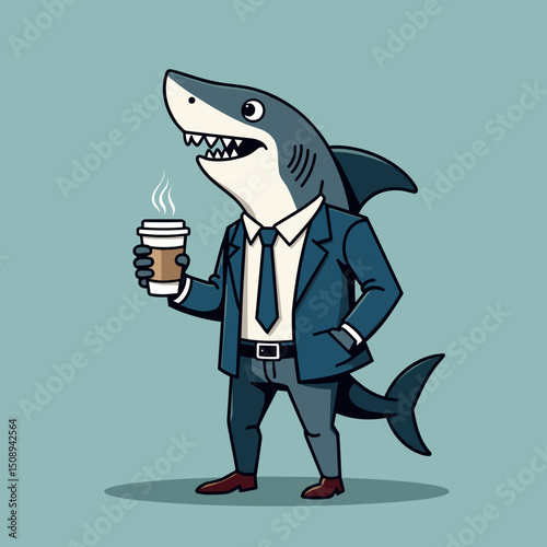 Cartoon shark in business suit holding coffee cup in playful pose  