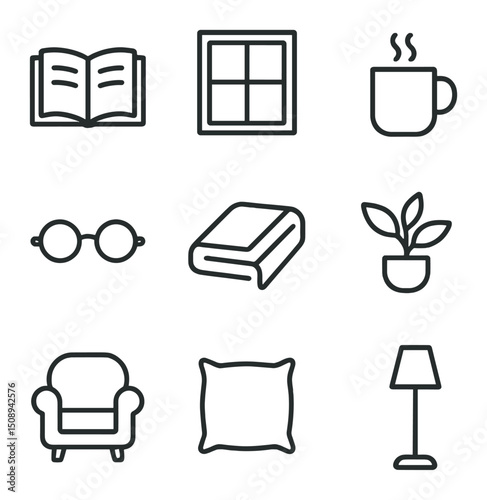 Cozy Reading Icons. Outline icon set of reading by the window: open book, window frame, steaming mug