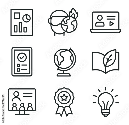 Educational Tools Icons. Outline icon set of education and awareness tools: infographic poster, VR climate simulation, e-learning