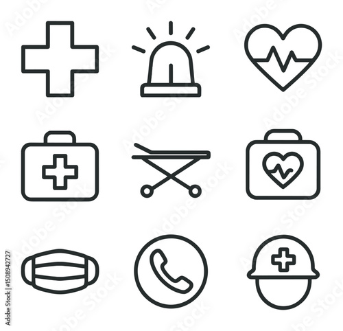 Medical Emergency Icons. Outline icon set of medical emergency signs: red cross, ambulance siren, heartbeat line, first aid kit,