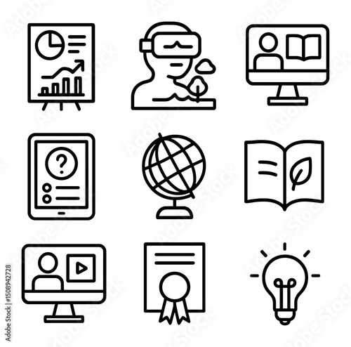 Educational Tools Icons. Outline icon set of education and awareness tools: infographic poster, VR climate simulation, e-learning