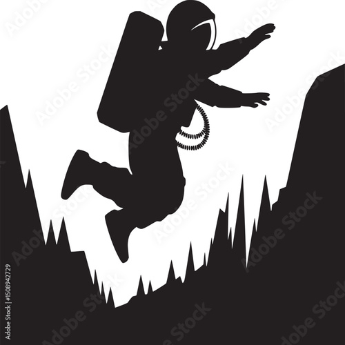 A silhouette of an astronaut floating in space with mountain peaks below in a black and white image