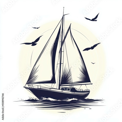 Sailboat gliding through calm waters with birds soaring overhead during sunset