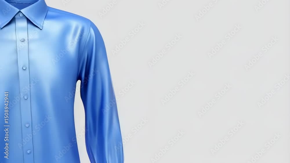Blue long sleeve collared shirt displayed on white background by male model.