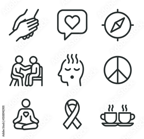 Crisis Support Icons. Outline icon set of helping a friend in crisis: helping hand, comforting