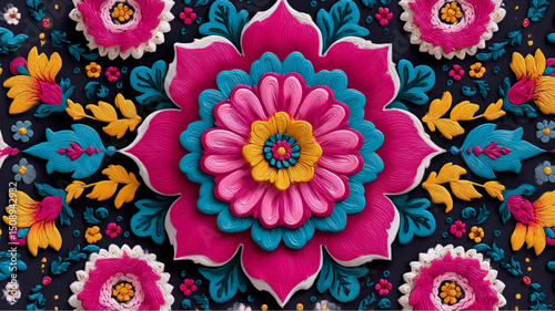 A detailed close up of colorful paper quilling flowers in a symmetrical floral arrangement design